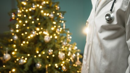 Doctor Wishes Patients a Merry Christmas with Glowing Tree Background Copy Space