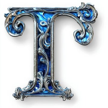 A letter T shaped design shows blue and silver details on a plain white background