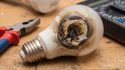 Electrical fire hazard safety concern burned light bulb component failure requiring immediate inspection repair preventing residential house fire risk proper electrical maintenance system