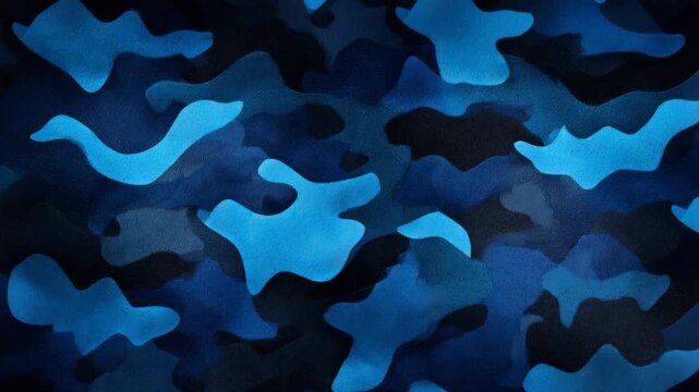 Blue camouflage pattern with abstract shapes, painted texture style on a dark backdrop, conveying a modern military and fashion concept