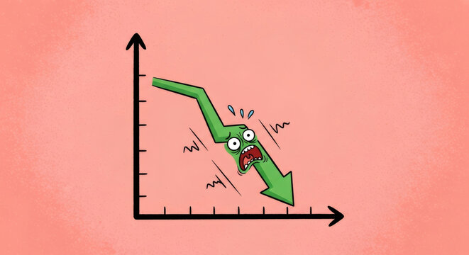Green arrow on financial graph with terrified cartoon face reacting to a sharp downward trend. Concept of market crash or business loss.