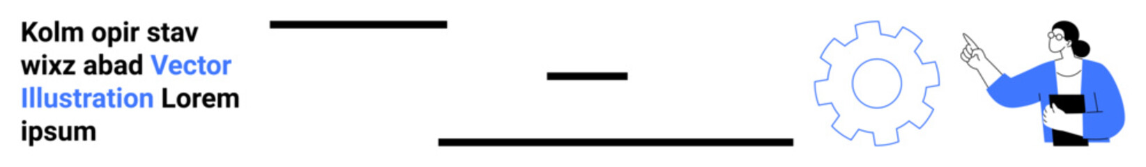 Team collaboration, workflow management, business processes, communication, productivity, professional development. A woman pointing at a gear icon. Team collaboration and workflow management concept