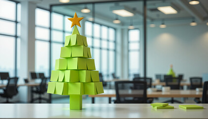 Desk organized with green sticky notes arranged in shape of Christmas tree. Represents concept of office creativity, holiday spirit, and festive decoration in workplace.