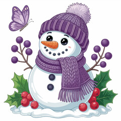 A whimsical cartoon illustration of an adorable snowman wearing a cozy purple knit hat.