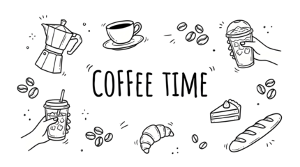 Coffee Time Doodle Illustration with Cup, Croissant, Cake, and Latte in Hand Drawn Line Art Style