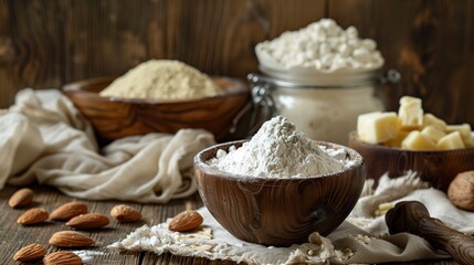 Fototapeta premium National Marzipan Day:marzipan making ingredients beautifully arranged, whole almonds, almond flour, powdered sugar, fresh marzipan pieces, vintage wooden bowls, linen cloth