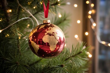 Festive holiday ornament, a classic globe, hanging from a branch on a pine tree, highlighted by a background of beautiful glowing bokeh lights