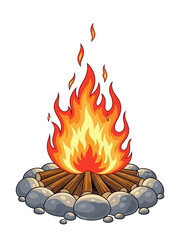 Burning Campfire with Wooden Sticks and Stone Ring Vector Illustration