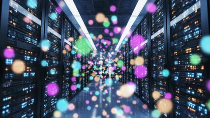 Hallway lined with servers, bokeh lights floating down corridor, blue tones, lit cabinets - Powered by Adobe