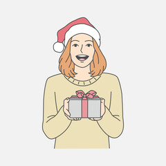 Cartoon illustration of a smiling young woman wearing a Santa hat holding a gift box wrapped with a red ribbon