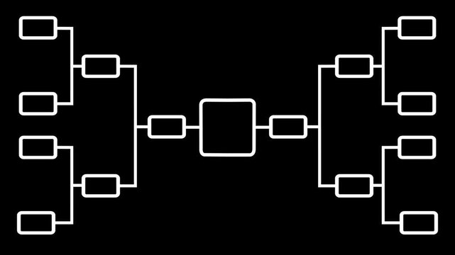 Abstract 32 team tournament bracket championship template with white line animation isolated on black background. Championship bracket schedule for football, basketball