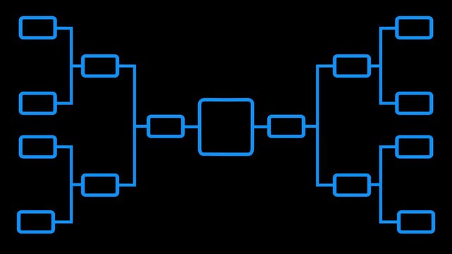 Abstract 32 team tournament bracket championship template with white line animation isolated on black background. Championship bracket schedule for football, basketball