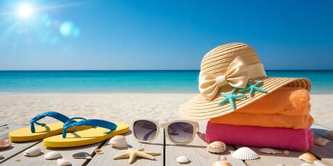 A serene beach scene featuring summer essentials and a clear blue ocean