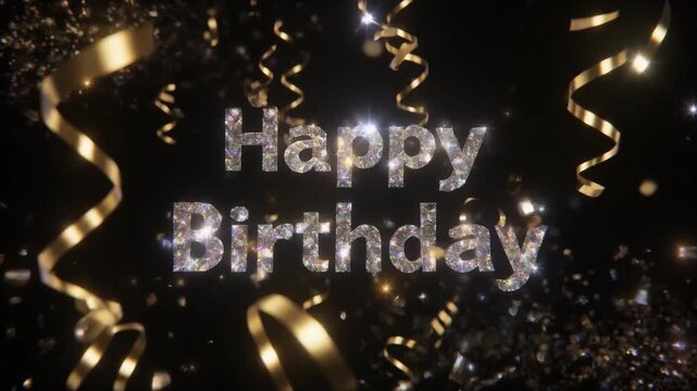 Happy Birthday glittering text with golden ribbons and sparkles on black background