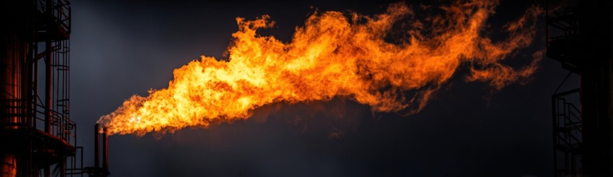 Flames rise from a gas flare stack at an oil refinery as daylight fades, showing the process of transforming crude oil into fuels and other products using complex equipment