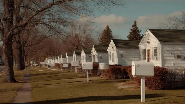Row of white mailboxes along a street in front of small white houses with pitched roofs, bare trees on a quiet suburban block.