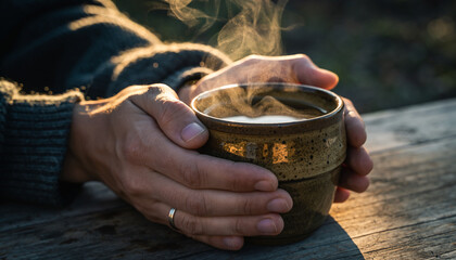 Hands holding a steaming ceramic mug of hot coffee or tea on a rustic wooden table in warm sunlight.