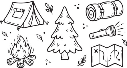 Black and white doodle art of camping gear including tent campfire sleeping bag flashlight and map © Nur