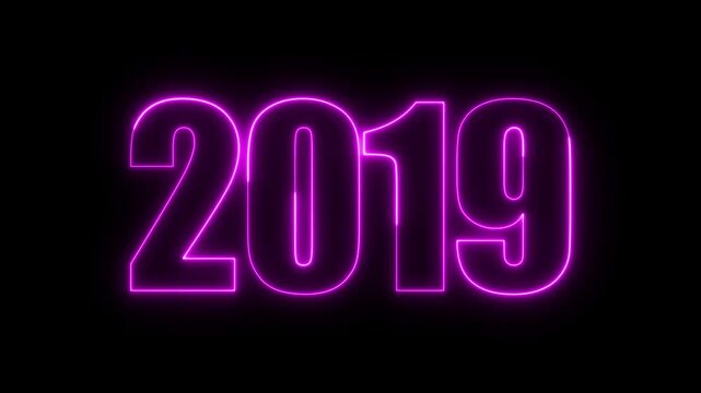 New year 2019 text icon animation glowing neon purple color number anniversary template banner sign signboard holiday code digit rectangle box font letter word on black background