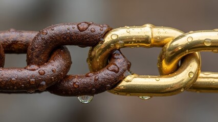 Obraz premium Close-Up of Rusty and Golden Chain Links Metal Water Droplets Texture. Concept featuring chain, rusty, golden, metal, water droplets.