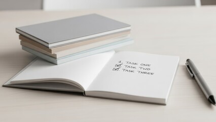 Naklejka premium Task List in Notebook with Stationery Productivity Writing Checklist. Concept featuring notebook, task list, stationery, productivity, writing.