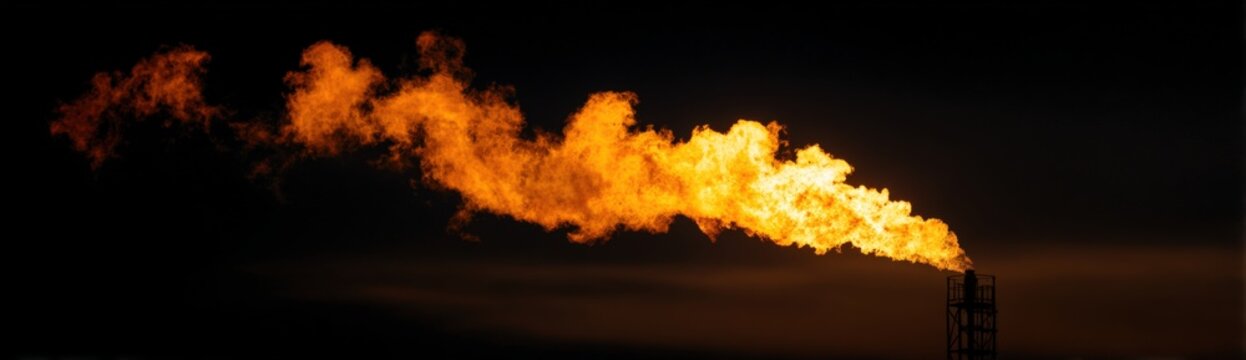 Flames rise from a gas flare stack at an oil refinery as daylight fades, showing the process of transforming crude oil into fuels and other products using complex equipment