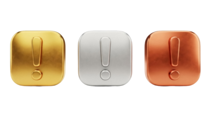 Isolated Set of Gold Silver Bronze Metal Alert Icons Warning Symbols Error Rectangular Badges
