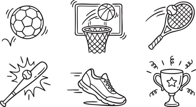 Collection of black and white hand drawn sports icons soccer ball basketball tennis racket baseball bat running shoe trophy
