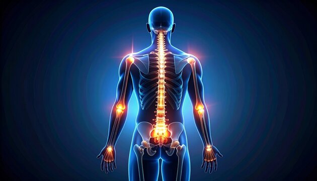 Digital illustration of human figure from back with glowing spine and joints, highlighting skeletal and nervous systems.