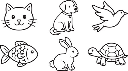 Cute cartoon cat dog bird fish rabbit turtle simple line art collection vector