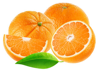 lush photograph showcasing a vibrant arrangement of whole oranges, half-cut oranges, and juicy orange slices, complemented by a fresh green leaf.