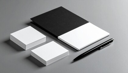 Naklejka premium Minimalist stationery layout with black-white notebook, square paper stacks, and black pen on gray surface.