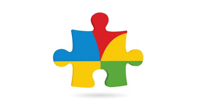 A colorful puzzle piece graphic with interlocking blue, yellow, green, and red sections on a plain white background.