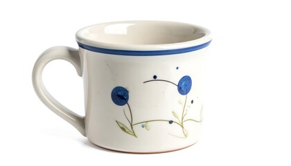 Ceramic mug with floral design, handle, and blue rim