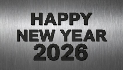 Metallic New Year 2026 greeting with embossed black text on brushed steel background.