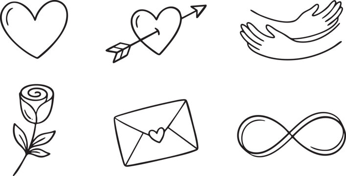 Hand drawn black line art icons of heart rose envelope infinity symbol and hands on white background