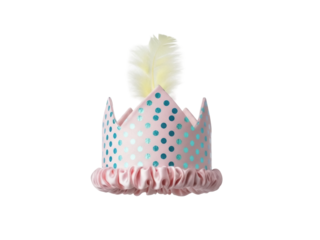 Isolated birthday crown with pink trim and polka dots and a fluffy top accessory for children