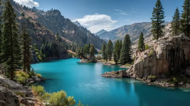 Turquoise alpine lake bordered by pine trees and rugged cliffs in a mountain valley.