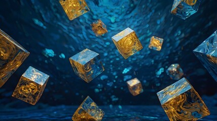 Abstract Blue Water Splash with Floating Gold and Silver Cubes in Dynamic Underwater Scene