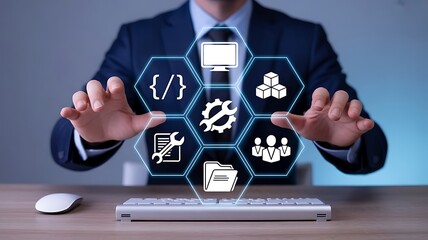 Man in suit with digital interface of technology icons