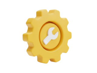 Isolated cartoon style gear with wrench symbol, yellow cogwheel maintenance, icon, round sticker
