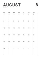Monthly page Calendar Planner Template design of August 2026. Vector layout of calendar with week start Monday for Scheduling. Page for size A4 or 21x29.7 cm