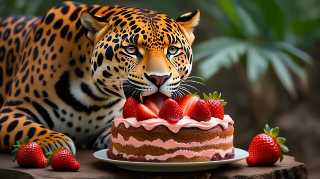 Tier mit Erdbeerkuchen