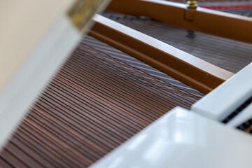 strings of an old grand piano inside the instrument, details of the internal structure of an old...