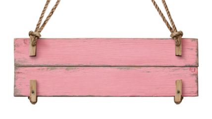pink rustic wooden hanging board with worn paint texture and thick rope knots for messages isolated on white background