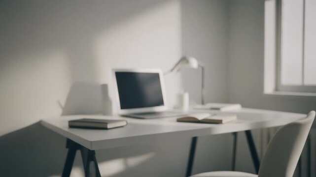 Minimalist Scandinavian style home workspace, clean desk with laptop and notebook. Ideal for concepts of remote work, productivity, modern lifestyle, interior design, and creative business environment