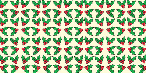 Seamless Christmas mistletoe vector pattern with green leaves and red berries on a light background. Trendy festive design perfect for wrapping paper, textiles, wallpapers, card, and holiday branding.