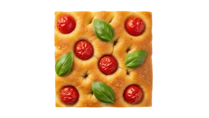 Isolated focaccia bread with cherry tomatoes and basil, square shape, healthy Italian food