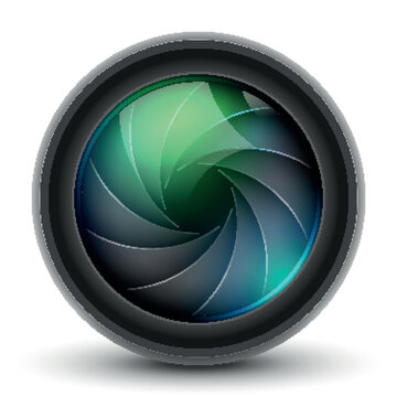 Close-up view of a professional digital camera lens with aperture blades and reflective elements