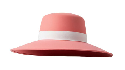 Isolated salmon-pink sunhat with wide brim and off-white band, stylish and fashionable headwear